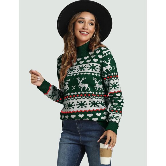 Women Ugly Christmas Green##1 Sweater Reindeer Snowflake Knit Pullover Crew Neck - Picture 3 of 6